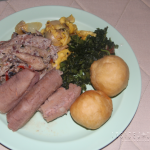 Green bananas, Johnny cakes, ackee, callaloo